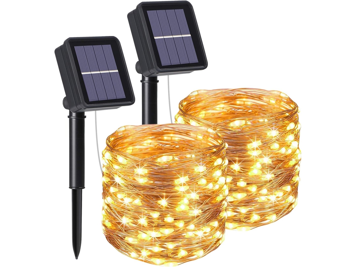 Pack 2 Grinaldas Solares 10m 100 Led 8 Modos Luz Branco Quente Para Decoração
