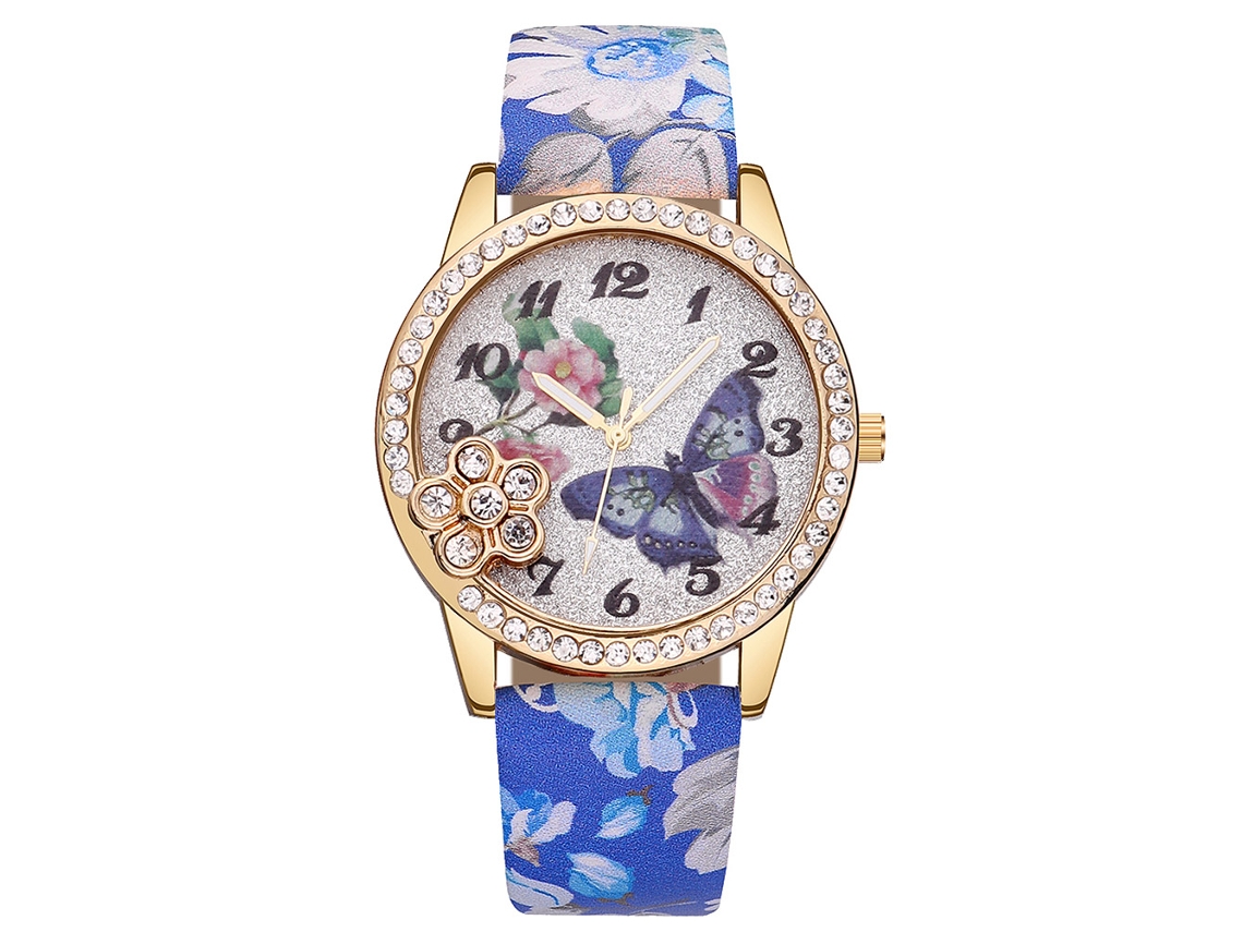 Relógio de Pulso para Mulher Vansvar Floral Print Pulseira Pu Quartzo Azul Escuro