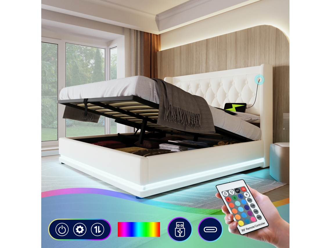 Cama De Casal 180x200 Cm Branca Pu Hidráulica Armário Usb-c Led