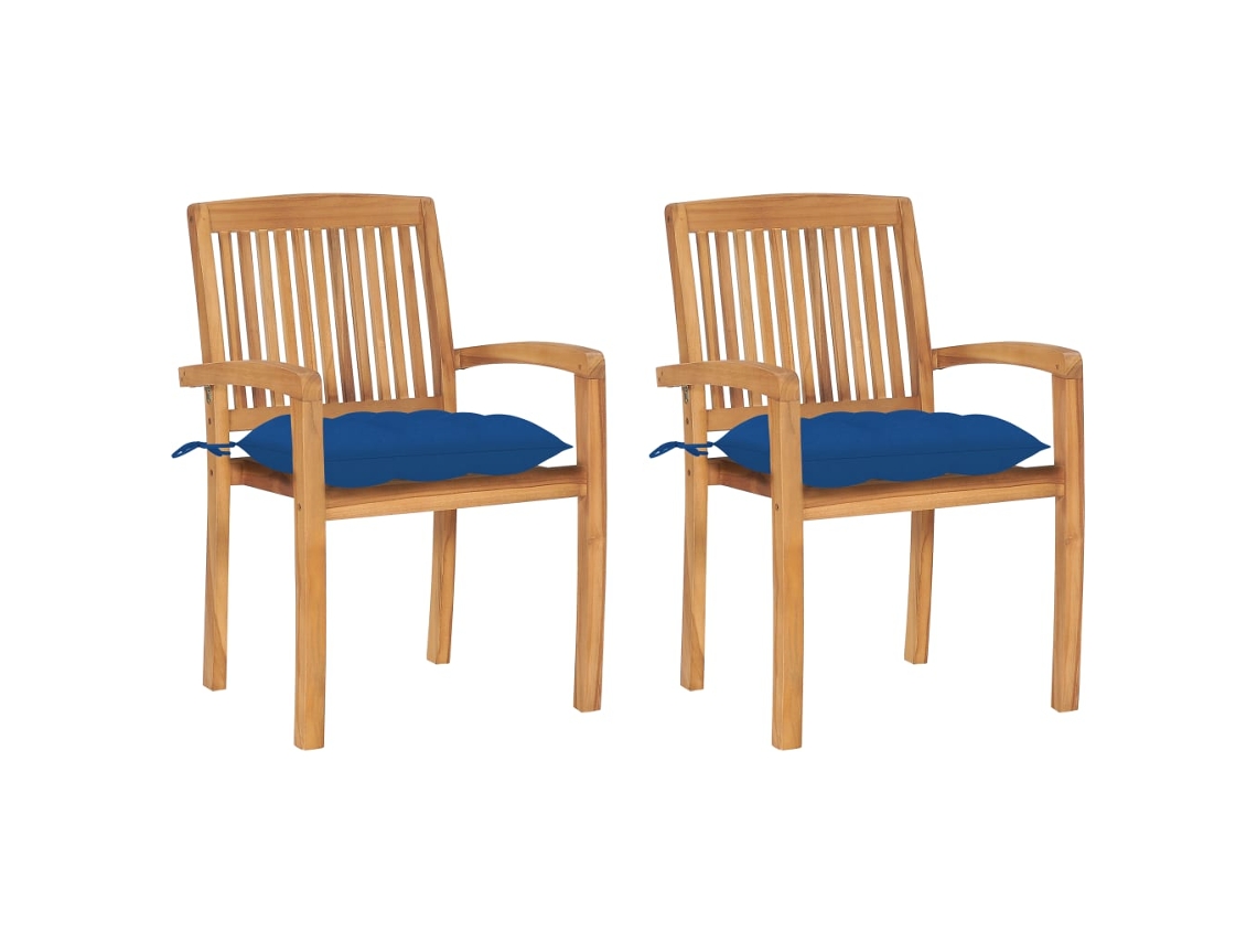 Vidaxl Cadeiras De Jardim C/ Almofadões Azuis 2 Pcs Teca Maciça
