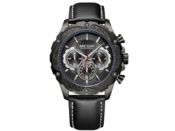 Relógio de pulso masculino multifuncional Megir com mecanismo de quartzo, pulseira de couro PU rosado e mostrador preto.
