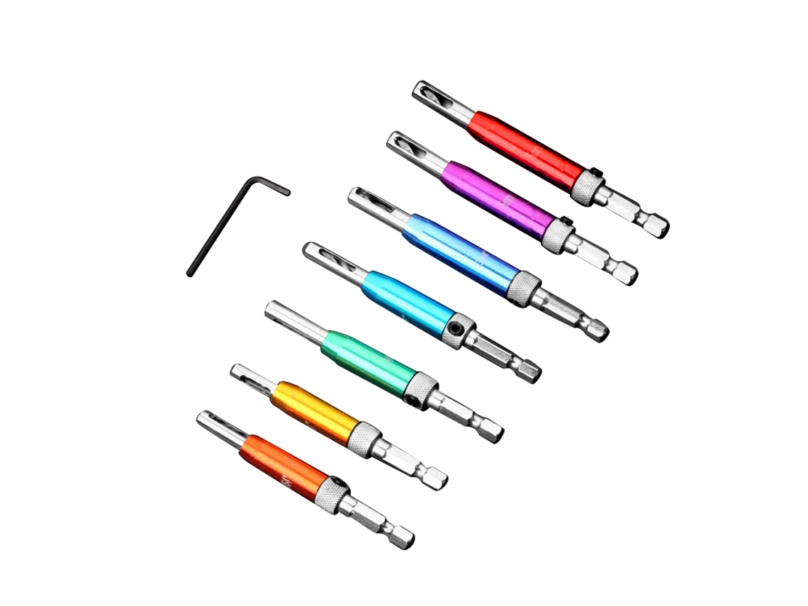 Conjunto de 7 brocas autocentrantes para dobradiças em aço rápido (HSS) - Ferramentas para marcenaria com chave, broca e bucha para dobradiça.