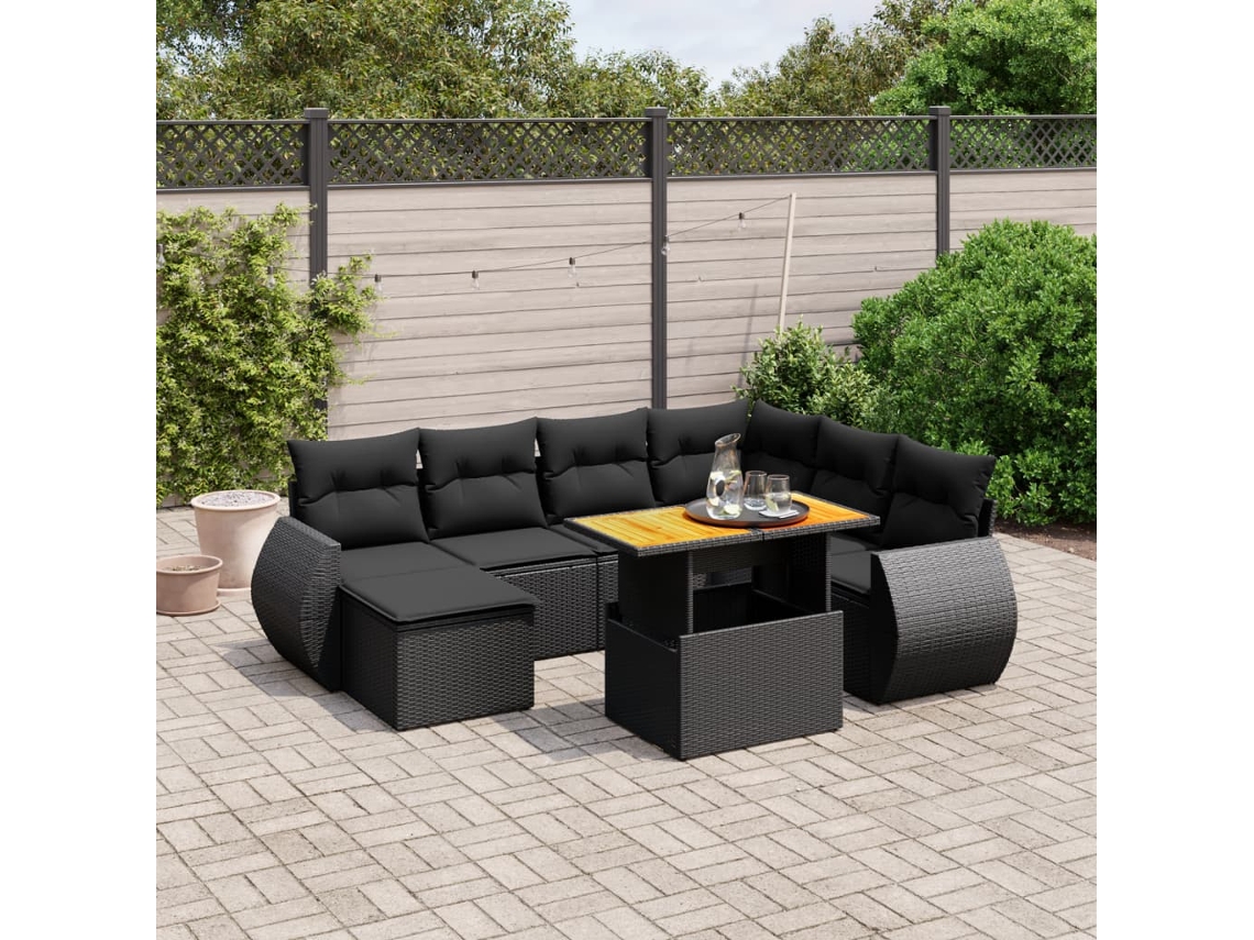 8 Pcs Conjunto Sofás De Jardim Com Almofadões Vime Pe Preto Dkd Home Decor