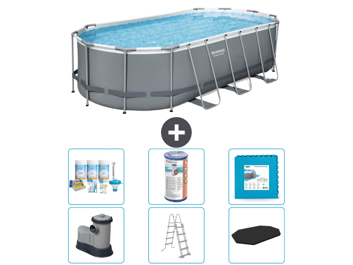 Piscina BESTWAY Oval Power Steel 549 X 274 X 122 Cinza Incluindo Bomba Escada Cobertura Pacote de Manutenção Filtro Ladrilhos