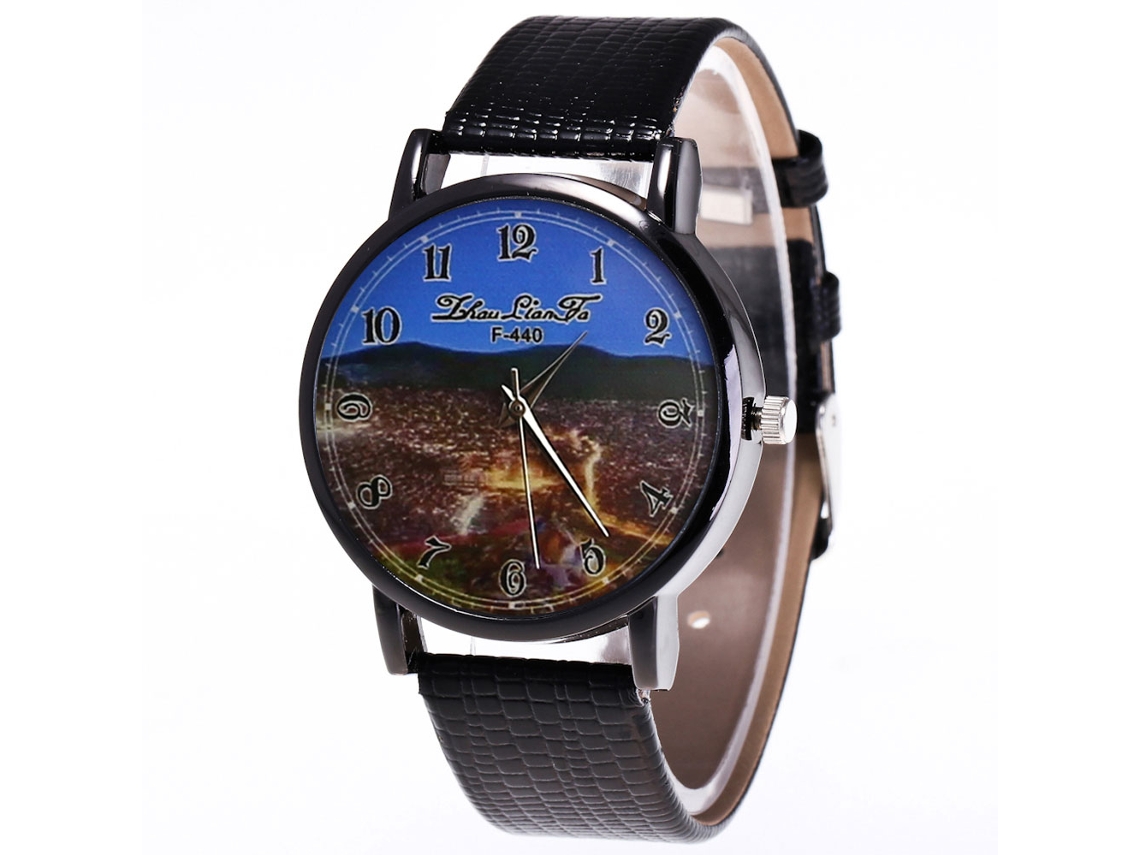 Reloj De Cuarzo Con Correa De Cuero Pu Unisex Dial Numérico Patrón Paisaje Negro Zhoulianfa