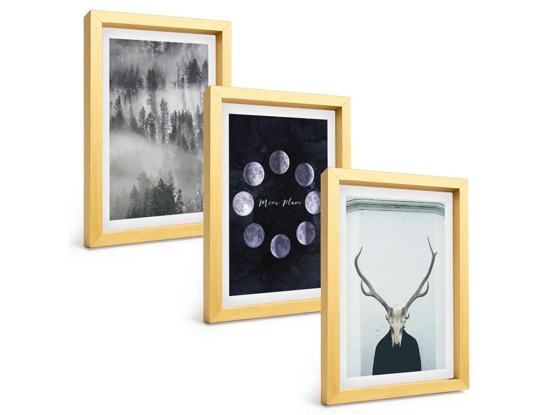 Composição De Quadros Paisagem Florestal, Neblina, Lua, Crânio De Veado Espelharte (3 Peças 20x30 Cm)