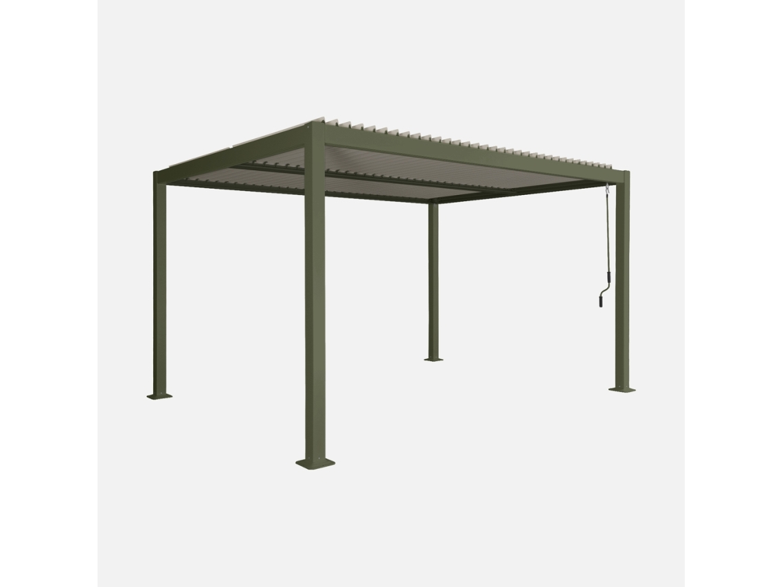 Pérgola bioclimática em alumínio e aço 3x4m com ripas ajustáveis, verde cáqui