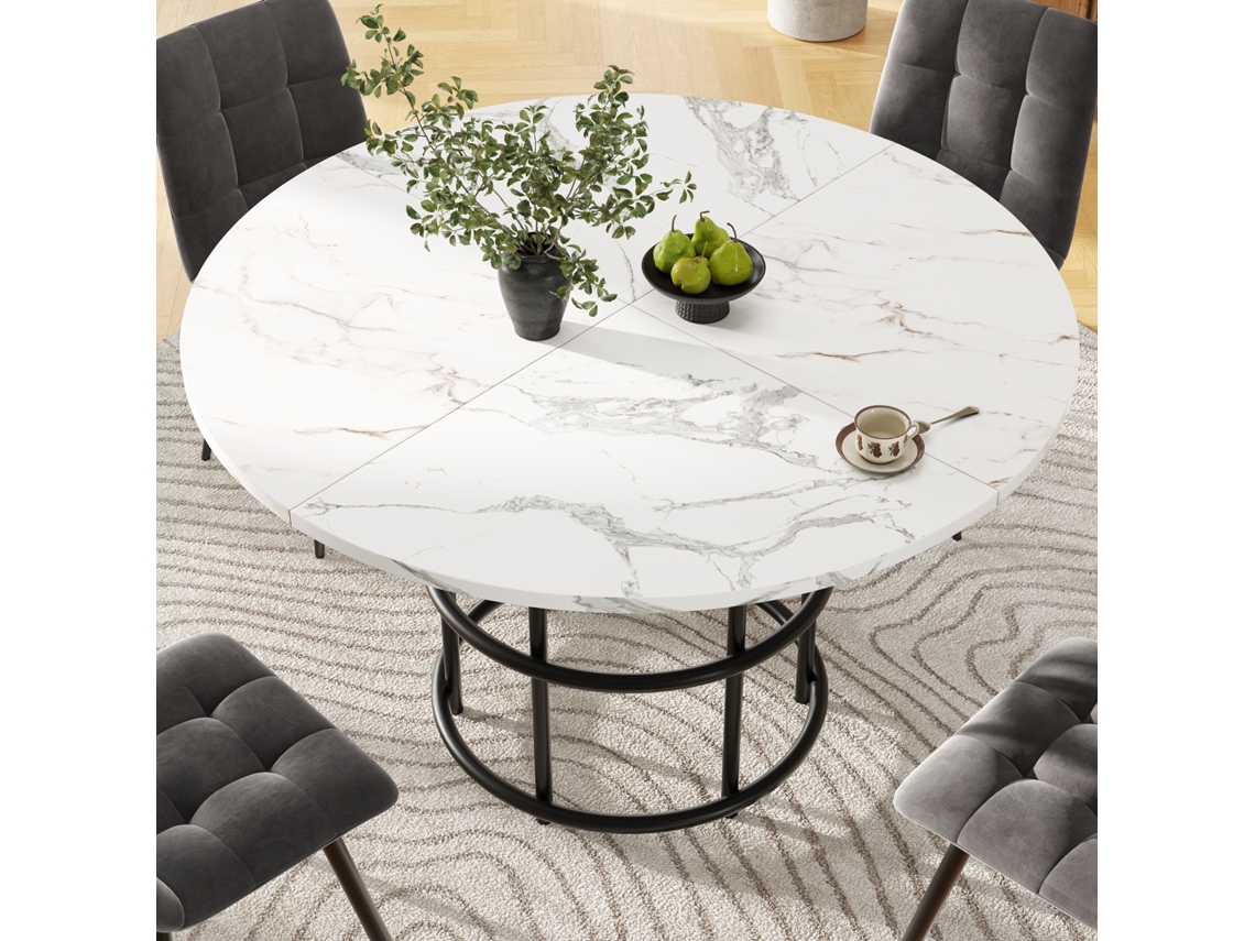 Mesa Redonda 100×100×76cm Para 4-6 Pessoas Pés Metálicos Em Anéis, Tampo Mdf Marmorizado Pés Pretos