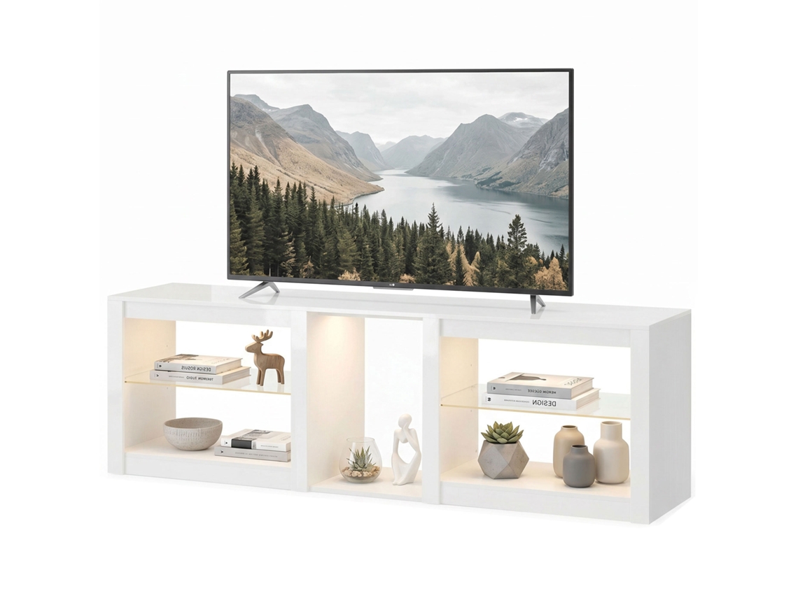Móvel Baixo Para Tv Com Iluminação Rgb, Cor Branco, Em Vidro, Com Moderno Para Tv Com Prateleiras De Ajustáveis, Tvs De Até 75 Polegadas