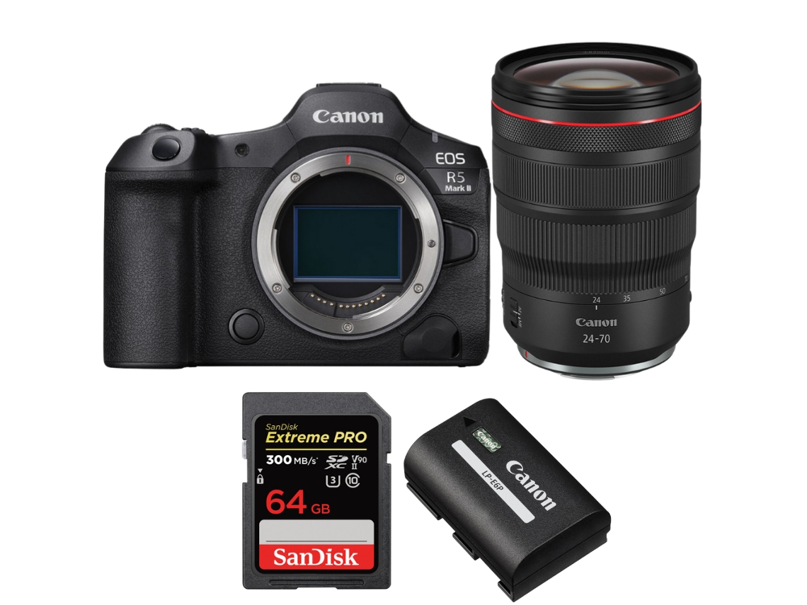 Eos R5 Mark Ii + Rf 24 70mm F/2.8 L Is Usm + 1 Sandisk 64gb Uhs ii 300mb/s + 1 Canon Lp e6p + Ebook “20 Dicas para Fotos Que Impressionam” CANON
