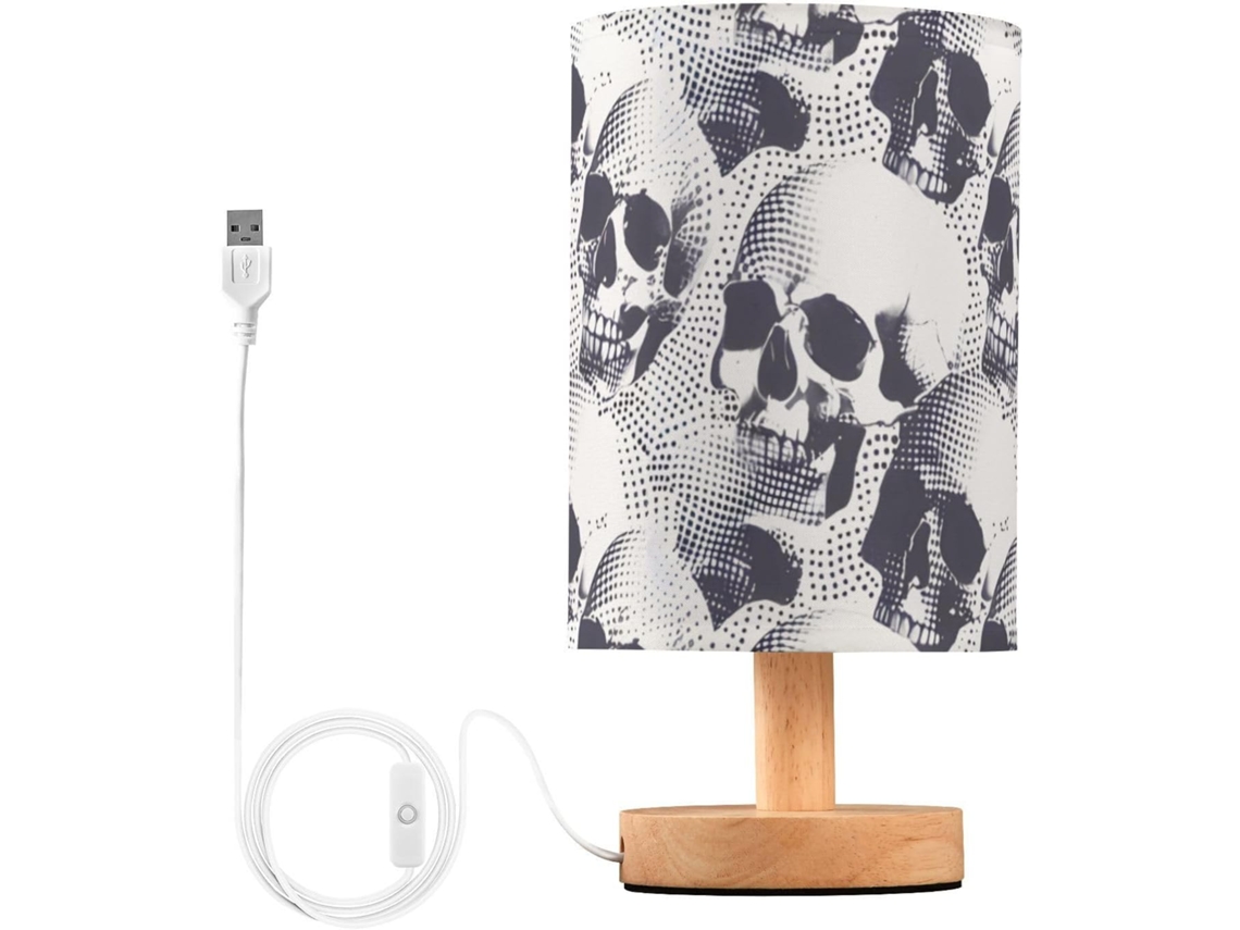 Luminária De Mesa Mnsruu Para Quarto E Sala Estar, Modelo Caveira Cinza Sem Costura Com Portas De Carregamento Usb