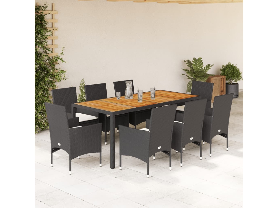 Vidaxl 9 Pcs Conjunto Jantar Jardim C/ Almofadões Vime Pe/acácia Preto