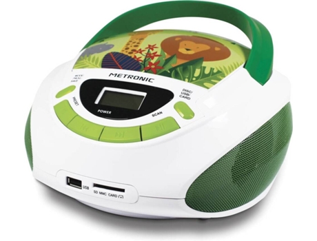Rádio METRONIC Jungle (Branco / Verde - Digital - FM - Pilhas e Corrente) — CD | MP3 /SD | USB