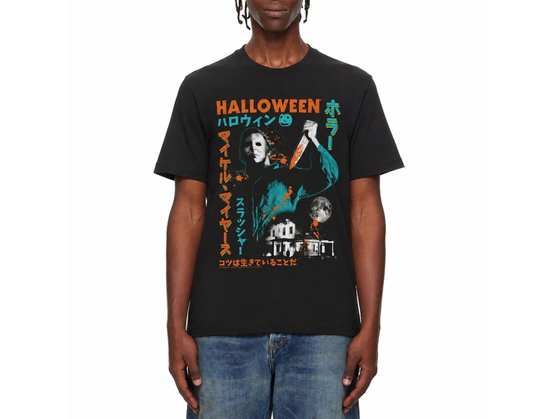 Rockinstone Halloween Movie Japanese Text And Splatter Black Adult T-shirt Size:xxl