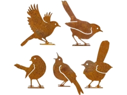 Kit de 5 Esculturas de Pássaros em Metal com Acabamento Rústico para Decoração de Jardins, Gramados, Pátios, Varandas, CHABERLU