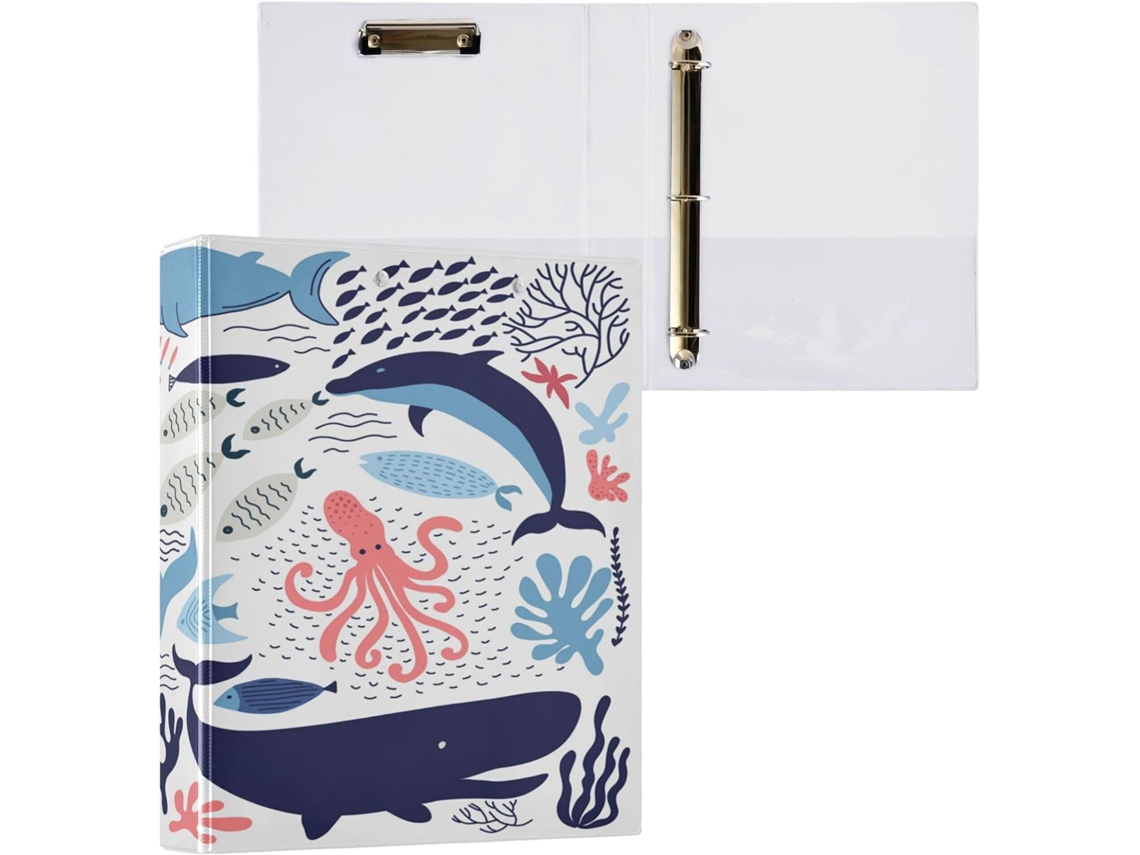 Pasta com Argolas Redondas de 2,5 Cm Bolsos Internos, Material Escolar, Capa Dura, Oceano, Tartaruga, Baleia,