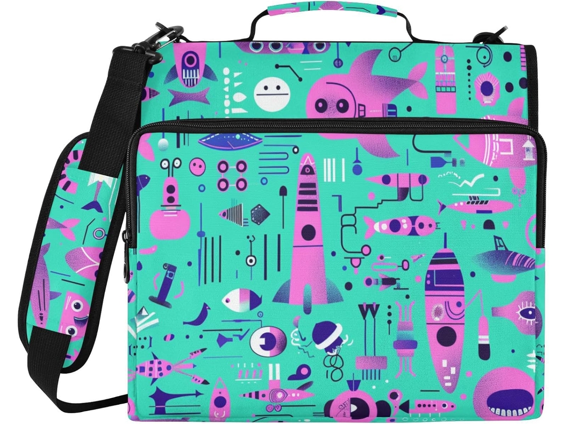 Organizador de macarrão com 3 argolas e estampa de alça, na divertida cor lavanda com detalhes em azul, grande capacidade, ideal para a escola.