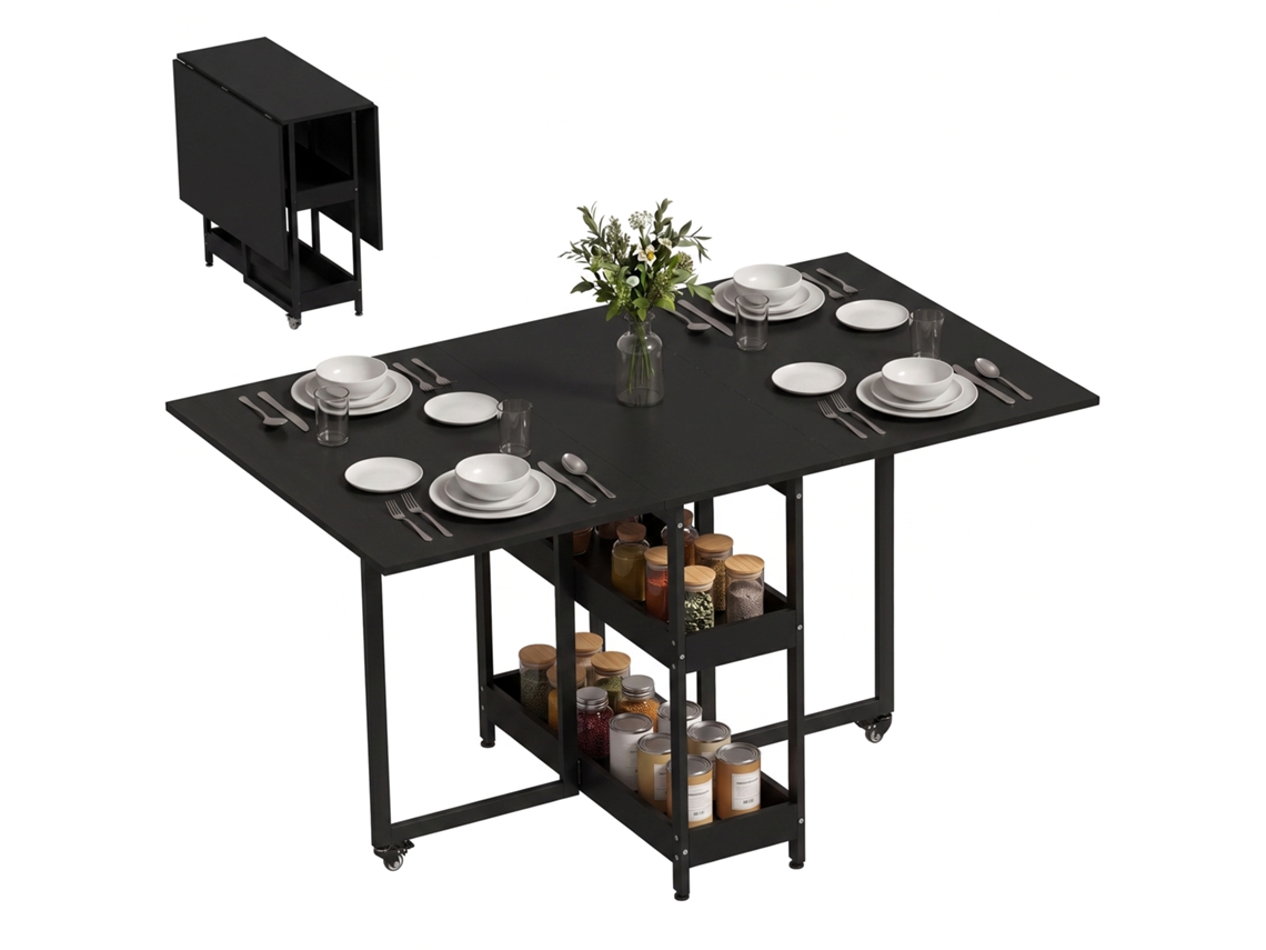Folding Table With Wheels. Side Flaps And Open Compartments. Black.