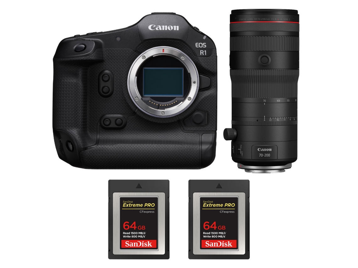 Eos R1 + Rf 70 200mm F/2.8 L Is Usm Z Preto + 2 Sandisk 64gb Extreme Pro Cfexpress Type B + Ebook “20 Dicas para Fotos Que Impressionam” CANON