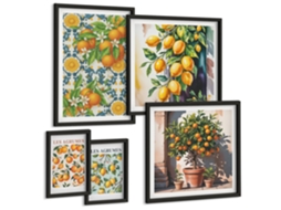 Conjunto De Pinturas Paisagens Marítimas, Limões E Janelas Moldura Preta Quadros Para A Sala De Estar Espelharte (conjunto De 5 Imagens)