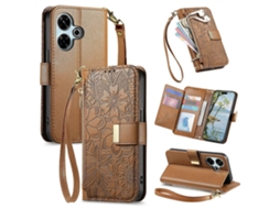 Capa Carteira De Couro Com Zíper, Estampa De Flores E Folhas, Com Alça, Para Celular Redmi 13 4g/5g