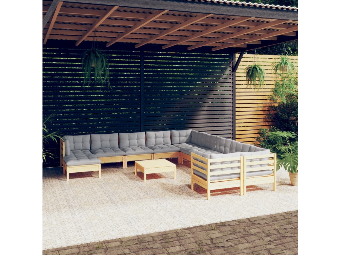 Vidaxl 12 Pcs Conjunto Lounge De Jardim C/ Almofadões Cinza Pinho