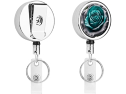 Porta Crachá Retrátil Com Estampa Floral Em Tons De Cinza, Azul Petróleo E Rosa, Clipe Divertido, Porta Crachá Retrátil