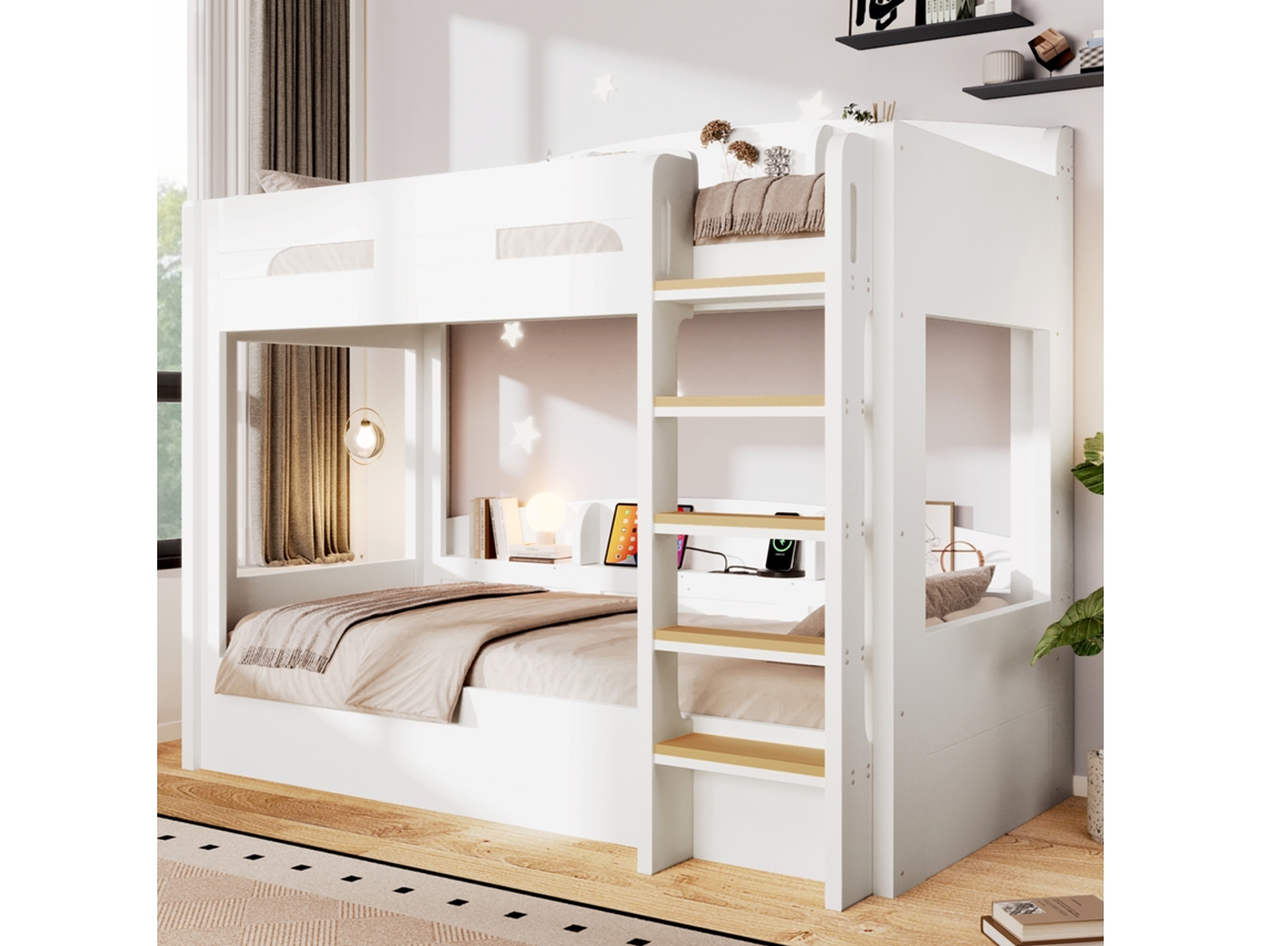 Cama Em Altura Com Cama Inferior E Tomada Usb Madeira Maciça E Mdf Branco 123.5x