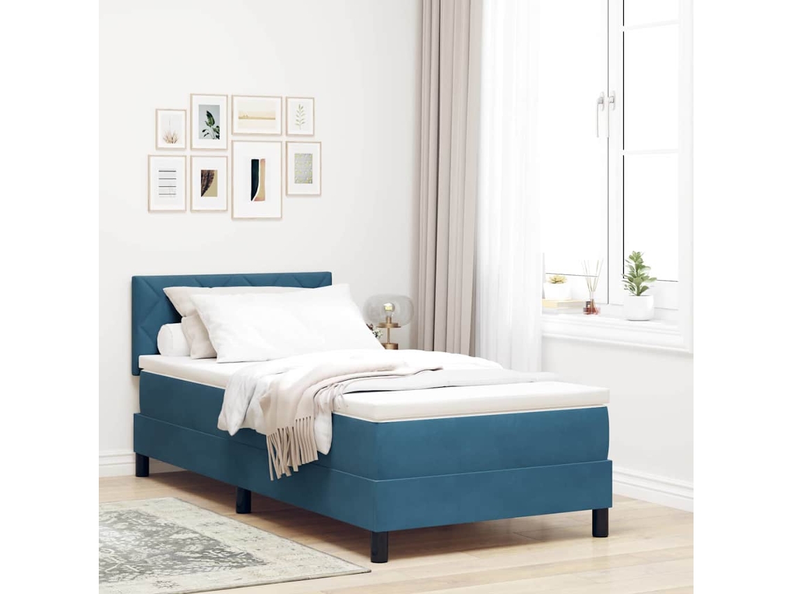 Vidaxl Cama Box Com Cabeceira Azul Escuro 90 X 190 Cm Veludo