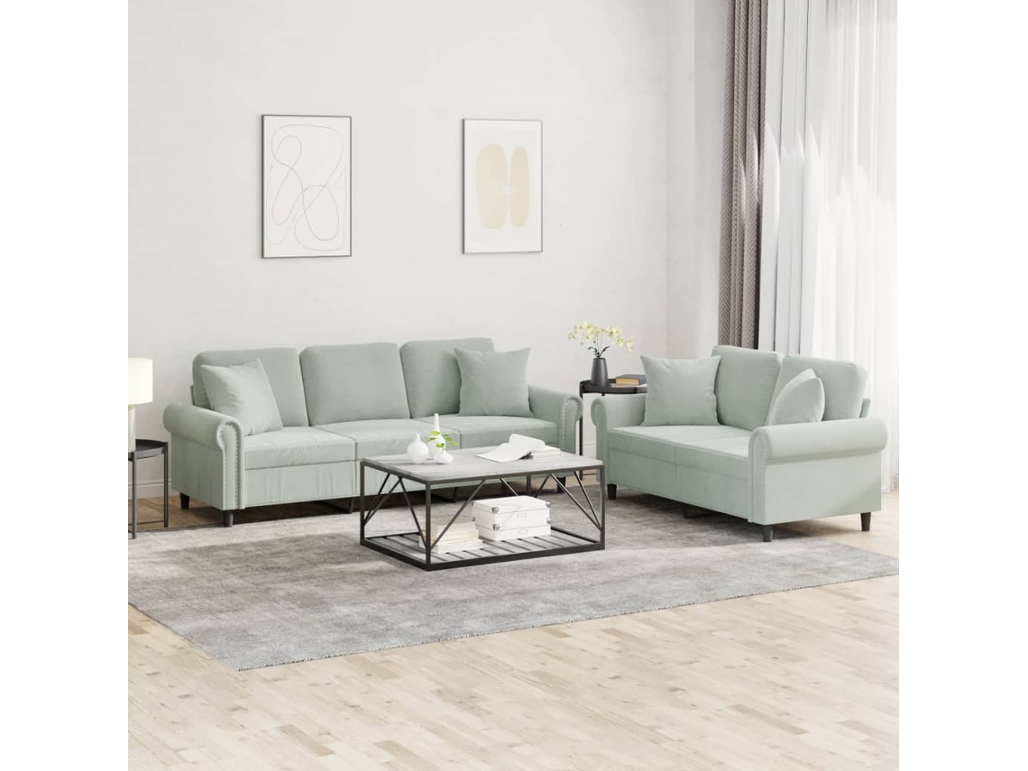 Vidaxl 2 Pcs Conjunto De Sofás Com Almofadas Veludo Cinzento-claro