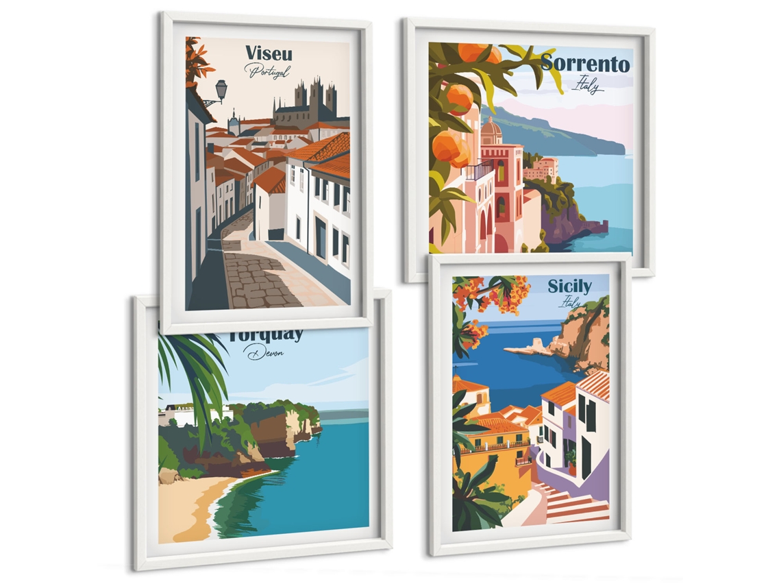 Pinturas Murais Modernas Motivos Florais De Cidades Ao Redor Do Mundo Moldura Branca Fotos Para O Escritório Espelharte (conjunto De 4 Imagens)