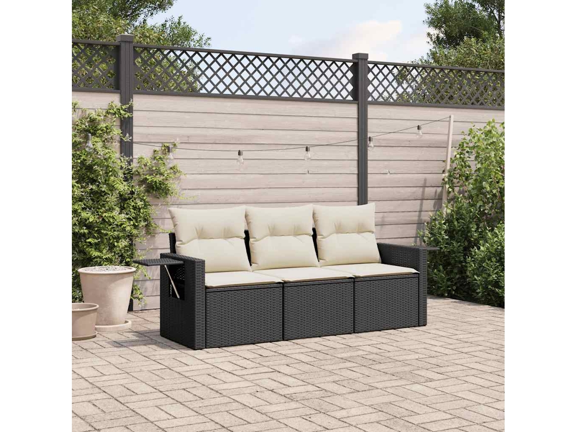 Vidaxl 3 Pcs Conjunto Sofás De Jardim Com Almofadões Vime Pe Preto