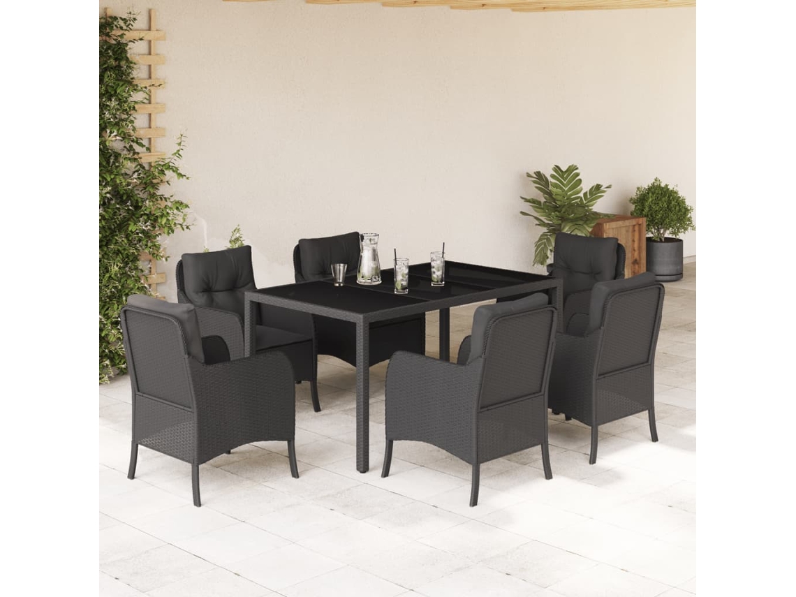 Vidaxl 7 Pcs Conjunto De Jantar P/ Jardim C/ Almofadões Vime Pe Preto