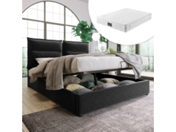 Cama De Casal Hidráulica Estofada 140x200cm, Cabeceira Ajustável, Veludo, Grande Espaço De Armazenamento, Preto Com Colchão