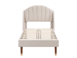Cama Estofada Juvenil 90x200 com Cabeceira em Veludo Bege e Estrado de Ripas de Madeira,montagem Fácil e Confortável PAPRIKA