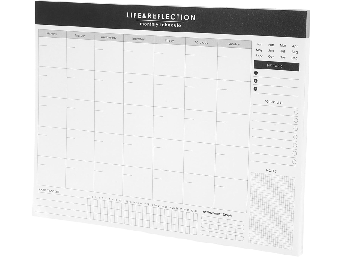 Agenda mensal sem data em papel branco, ideal para escritório ou para guardar presentes.
