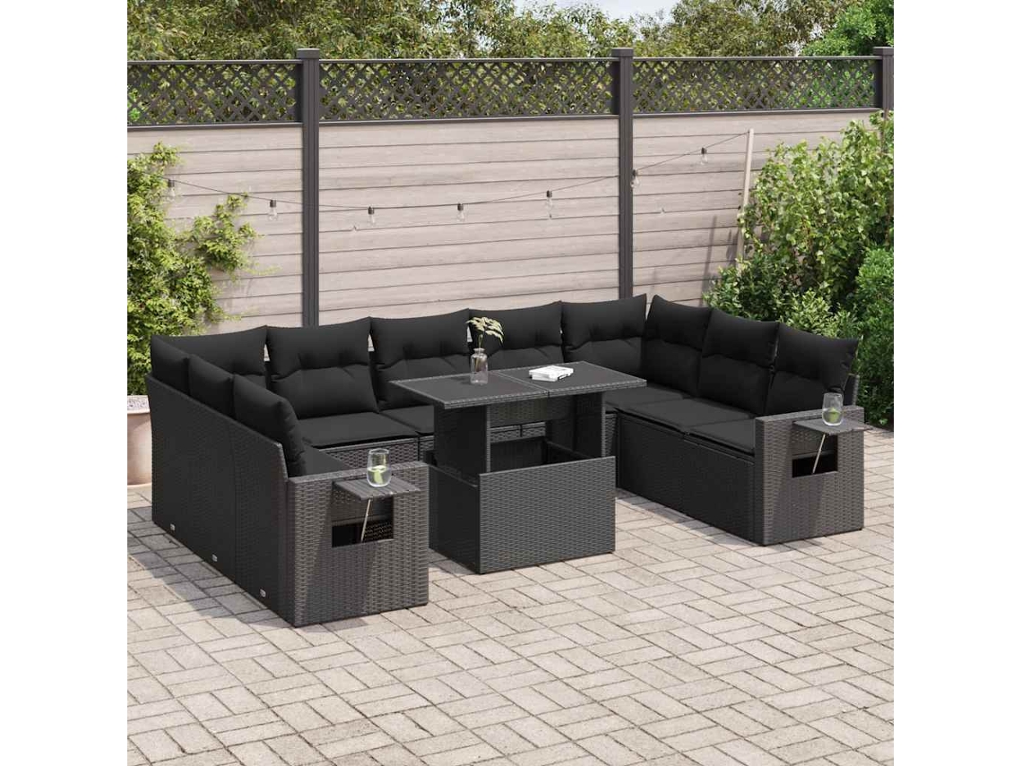 Vidaxl 10 Pcs Conjunto Sofás De Jardim C/ Almofadões Vime Pe Preto
