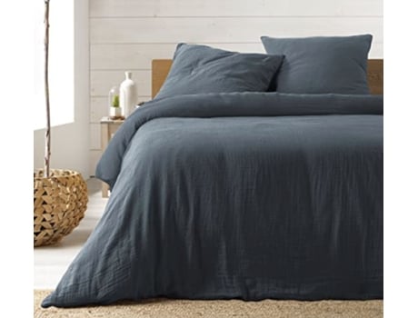 Conjunto de cama de gaze de algodão azul 240 x 220 cm. Promoção Linge