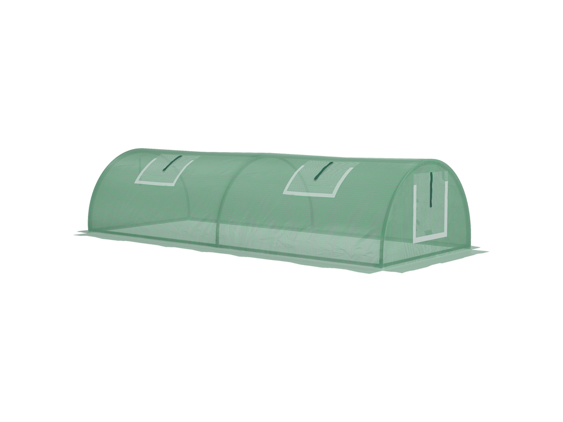 Mini estufa verde para cultivo de plantas com estrutura em aço e cobertura em PE com proteção anti-UV, 200x80x45 cm.