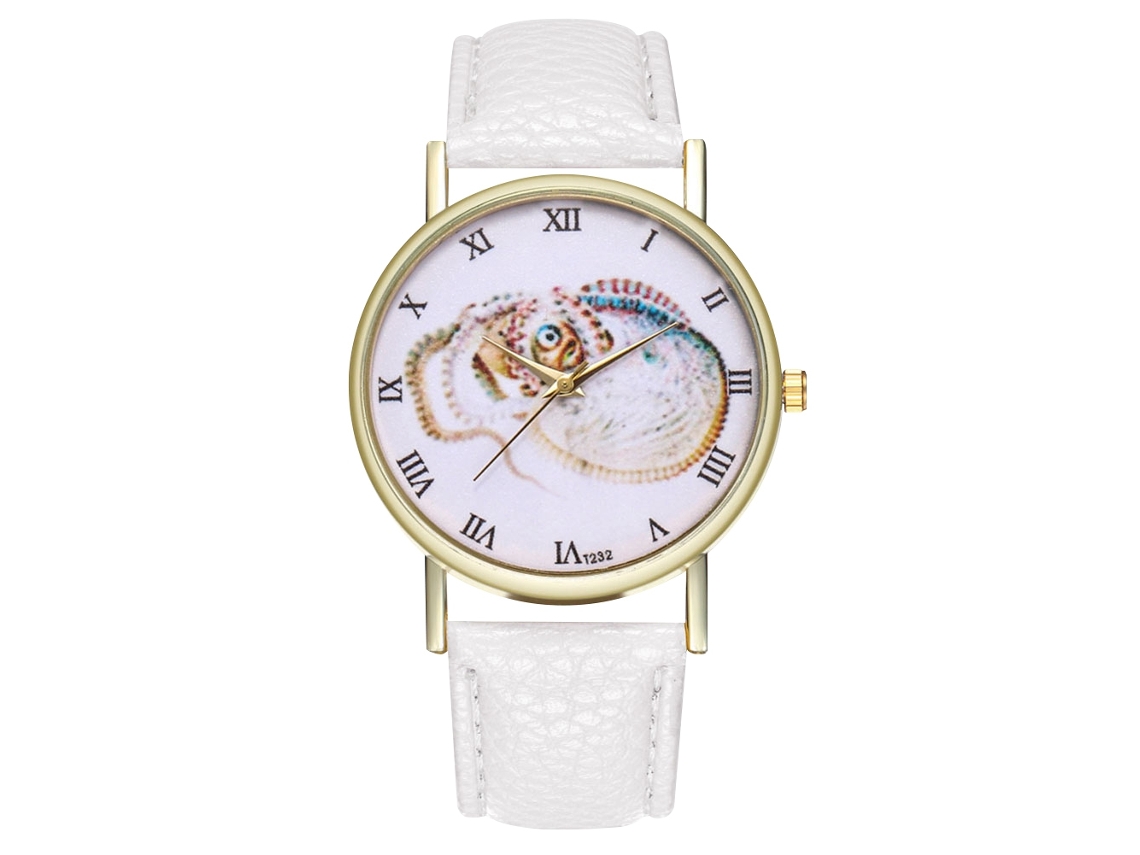 Relógio de pulso vintage de quartzo para mulheres e homens com pulseira de couro PU, estampa animal branca.