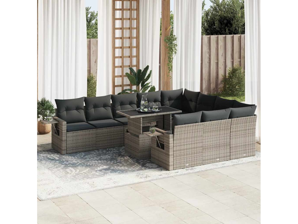 Vidaxl 11 Pcs Conjunto Sofás De Jardim C/ Almofadões Vime Pe Cinzento