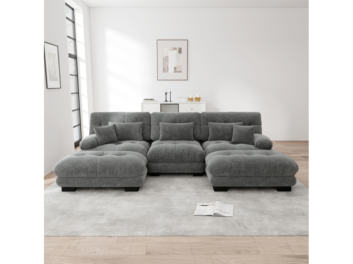 Sofá Modular U 4 Lugares - Sofá Convertível Com Otomano, Chenille, Cinza