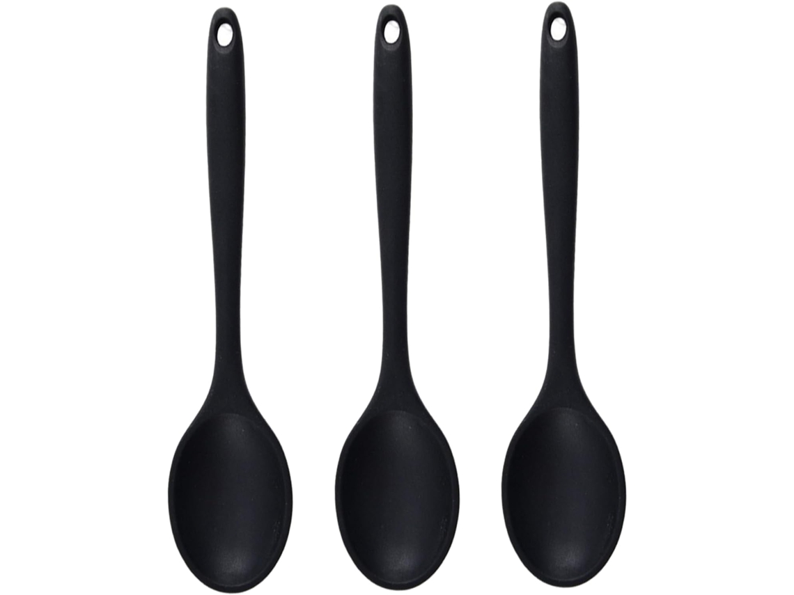 Conjunto De 3 Colheres Silicone Pretas Grandes E Resistentes Ao Calor, Com 28cm 11 Polegadas, Com Orifício Para Pendurar