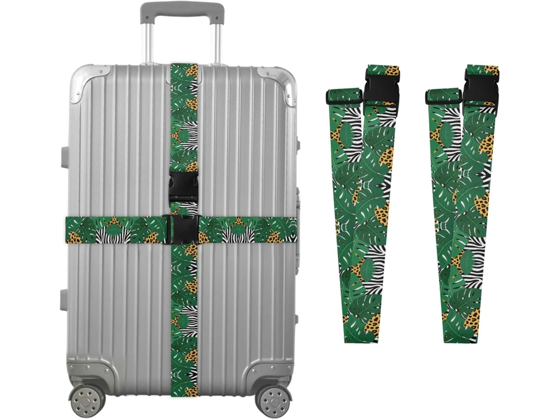 Conjunto De 2 Cintas Bagagem Personalizáveis Com Fivelas Para Malas, Estampas De Leopardo E Folha Tropical