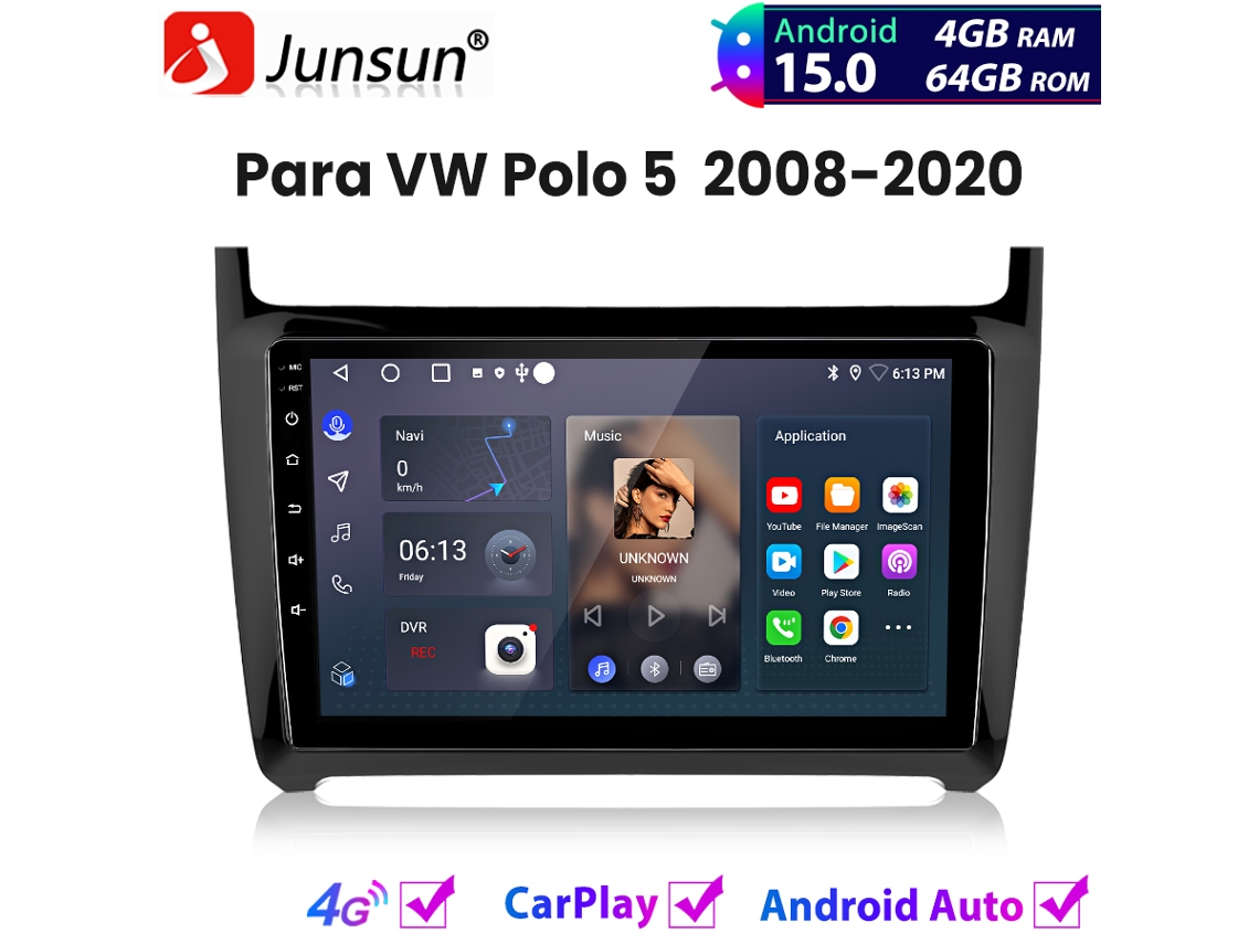 Rádio Automóvel JUNSUN Android 15 Carplay para Vw Polo 5 2008 2020 Gps Navi Bt Wifi 4+64gb 8 Núcleos V1pro