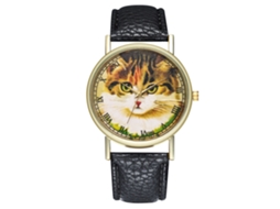 Relógio feminino em couro PU com estampa de gato, mostrador redondo, movimento de quartzo, preto.