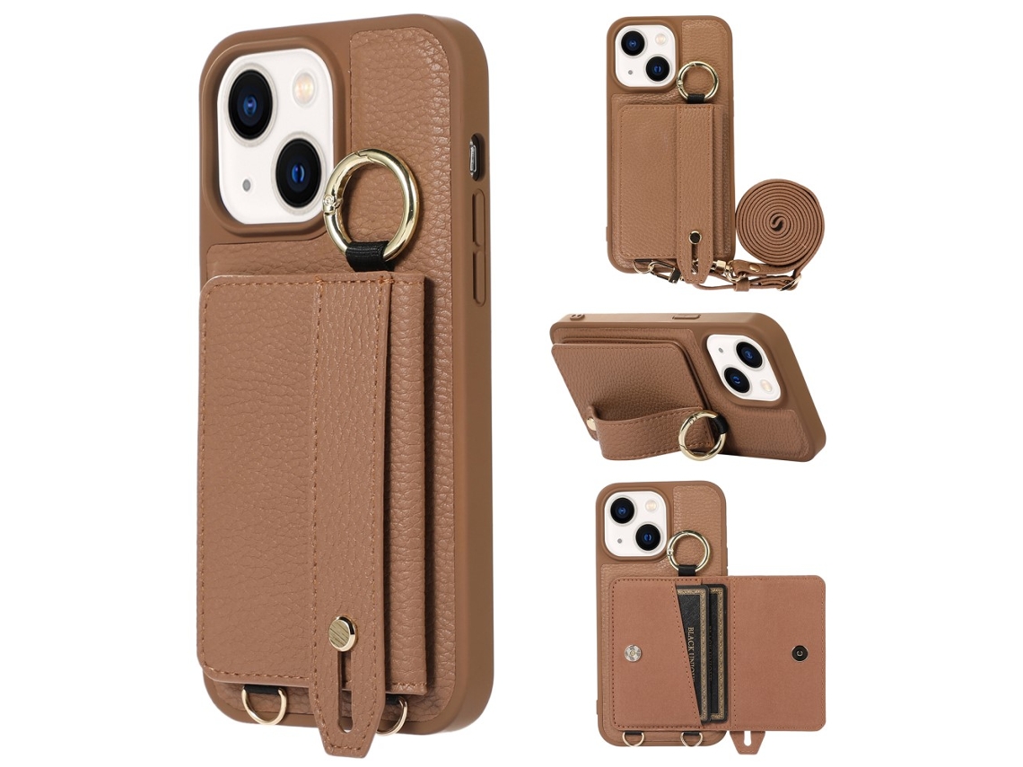 Suporte Casa Pega Para Iphone 15 Plus Pele Sintética Com Porta-cartões Castanho