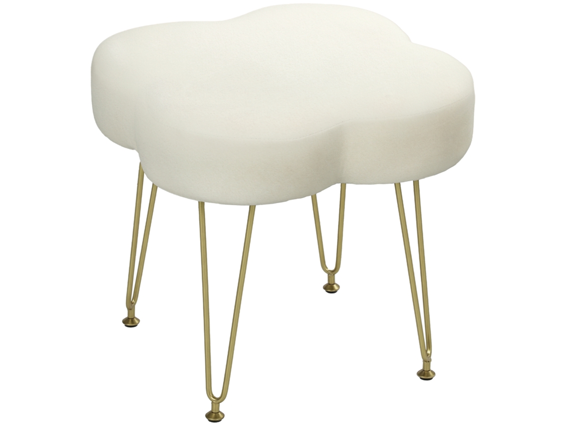 Banqueta Estofada Em Formato De Trevo, Revestida Em Tecido, Com Pés De Aço, Na Cor Branco Creme.