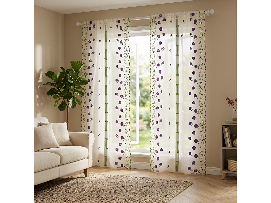 Two-piece Country-style Purple Star Flower Embroidered Tie-up Blinds, Soft Light Semi-transparent Roman Blinds (80x160cm)