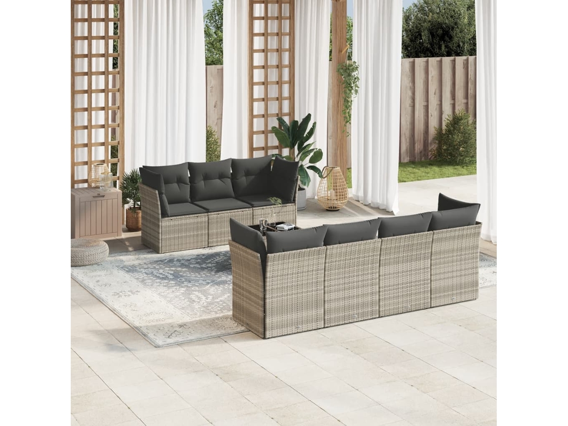 Vidaxl 8 Pcs Conj. Sofás Jardim C/ Almofadões Vime Pe Cinzento-claro